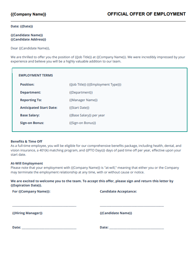 Bulk Employee Offer Letter