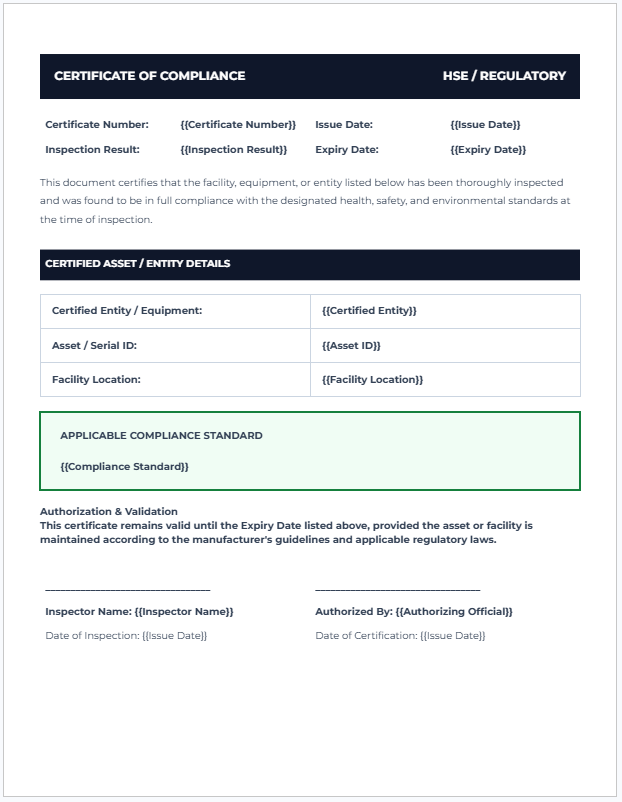 Safety Compliance Certificate